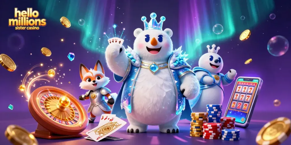 Experience the excitement of hello millions sister casino with a captivating 3D illustration showcasing casino games and rewards.
