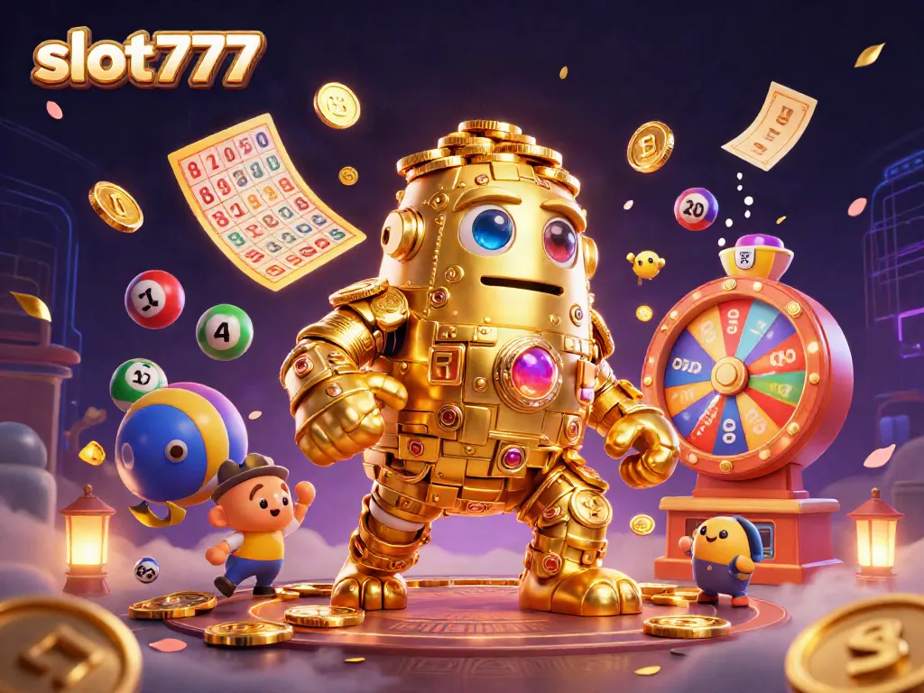 Slot777 menawarkan permainan menarik dengan golem emas dan simbol mesin slot, pancaran keberuntungan!
