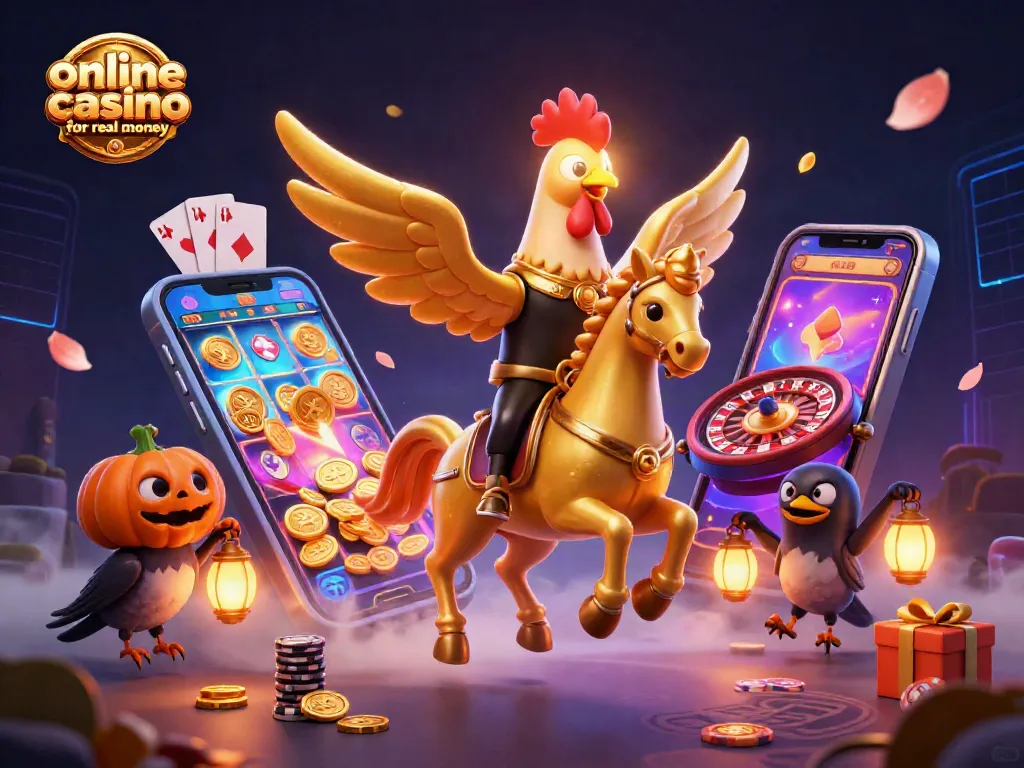 Experience thrilling games at an online casino for real money with golden rooster character and vibrant slot elements.