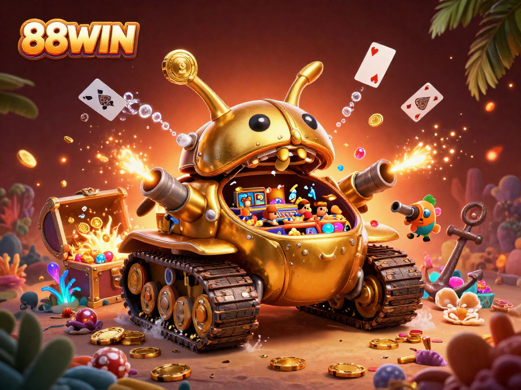 Experience the vibrant world of 88WIN with an epic casino-themed 3D illustration featuring lucky elements.