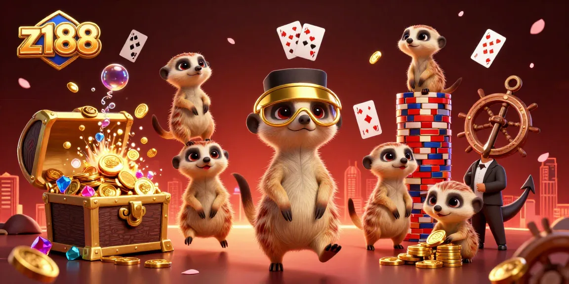 Engage with z188's lively meerkat casino scene featuring dynamic games and colorful treasure.
