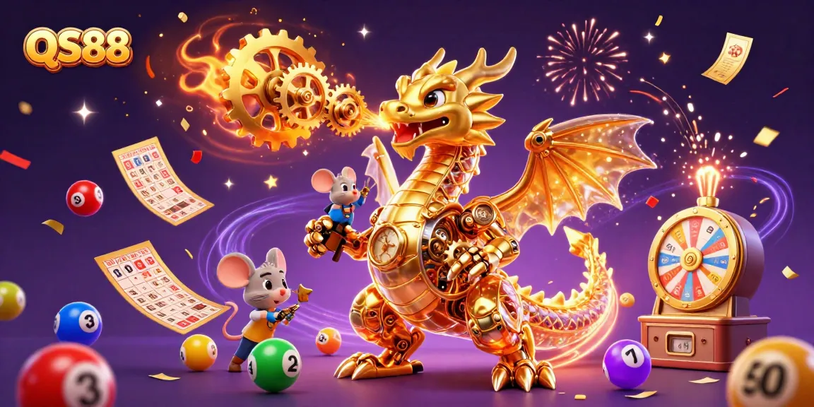 Experience the magic of QS88 with an energetic golden dragon and vibrant gambling elements.