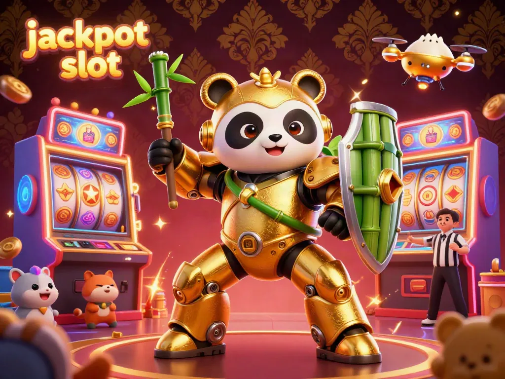 Engage in jackpot slot excitement with a golden panda robot amid vibrant slot machines.