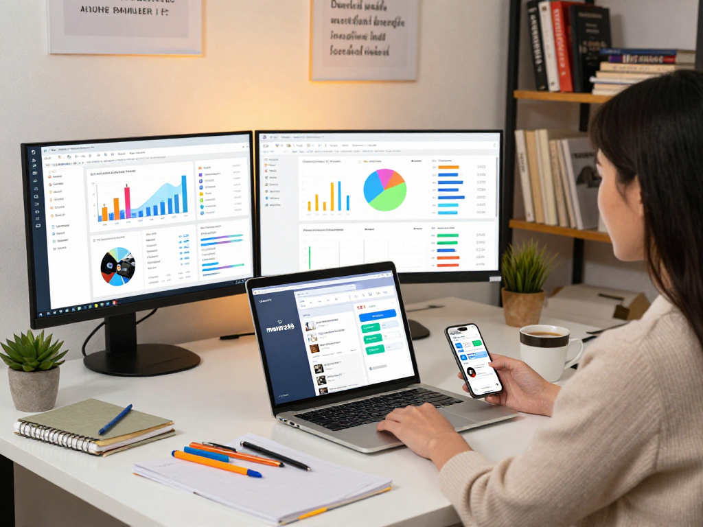 Professional workspace illustrating digital marketing strategies for mantra88 with analytics and branding elements.