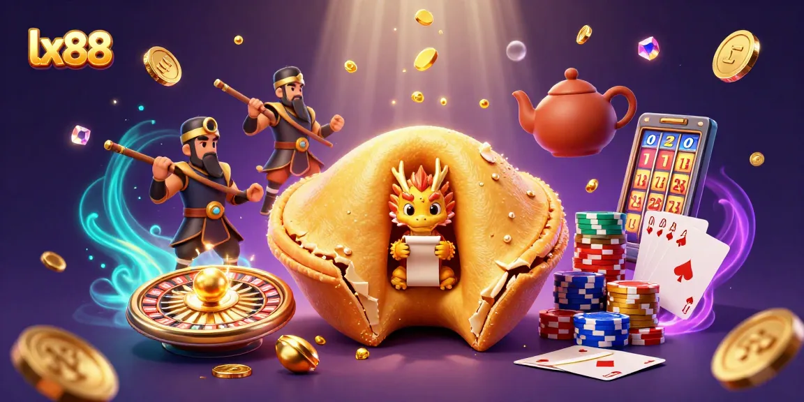 Experience thrilling wins at lx88 with a dynamic 3D casino scene featuring characters and golden treasures.