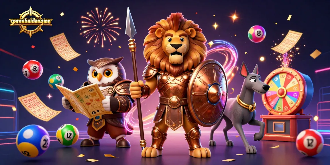 Gamebaidangian showcases vibrant lottery action with a dynamic illustration of a Spartan lion, owl strategist, and greyhound messenger.