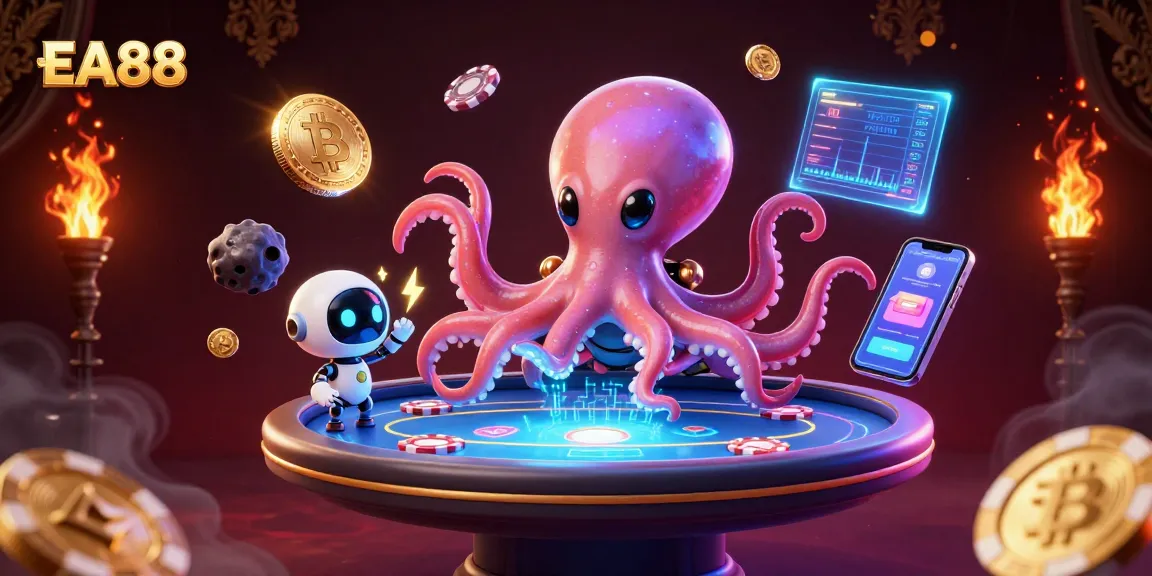 Experience EA88’s exciting gambling universe with an alien octopus managing a holographic poker table.