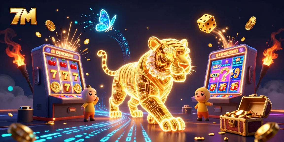 Experience the thrill of 7M with a neon-wireframe tiger in a vibrant casino scene.