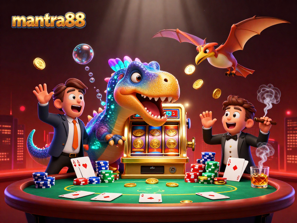 Engaging scene of mantra88 depicting a dinosaur headbutting a slot machine while casino elements enhance the visual impact.