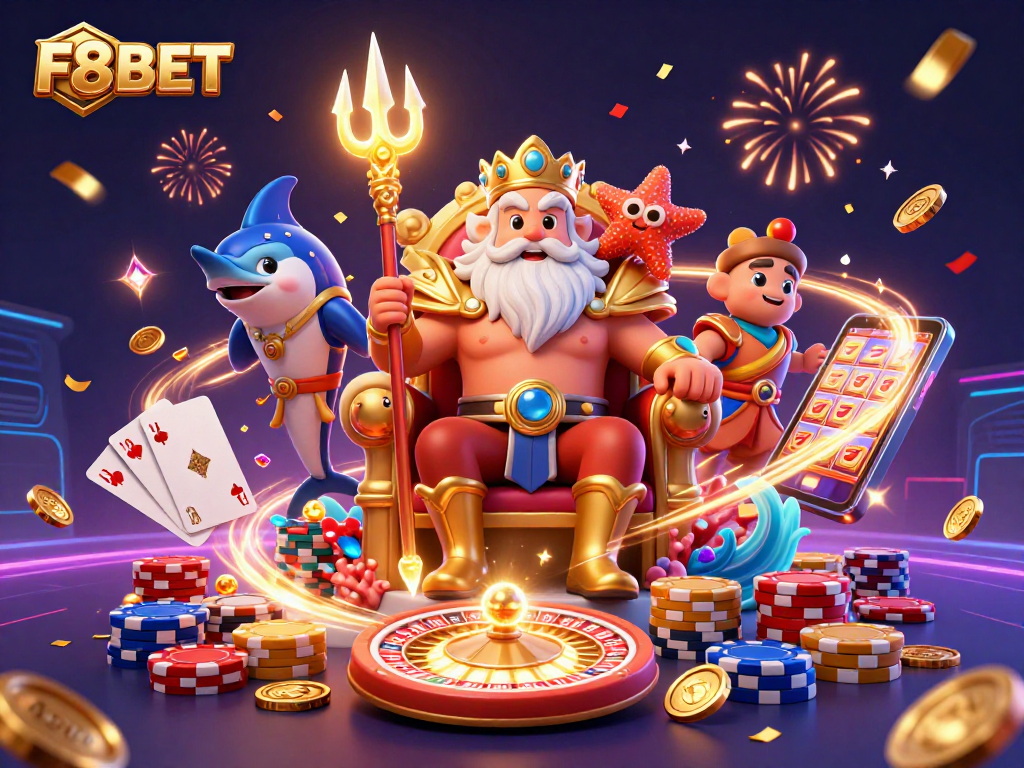 Engage with F8BET's thrilling casino experience featuring Neptune, gold coins, and roulette elements.