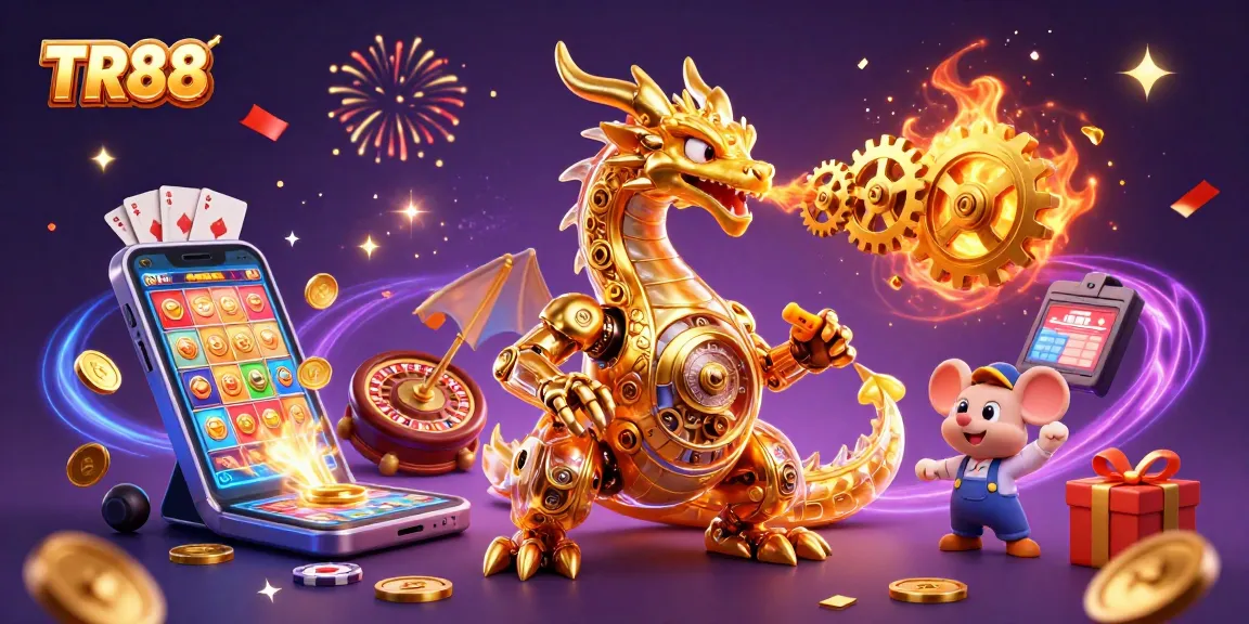 Engage with TR88's dynamic slot games featuring a golden dragon and casino elements.