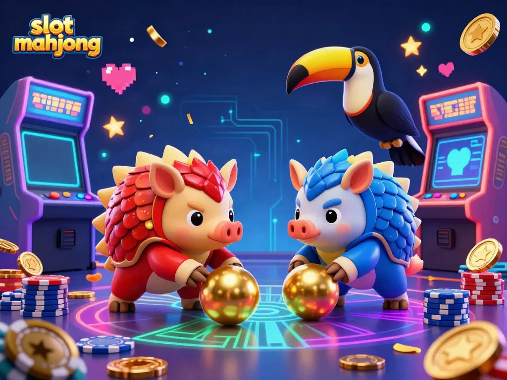 Engage with the thrilling slot mahjong scene featuring rival pangolins and vibrant casino elements in action.