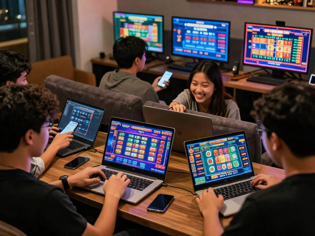 Dynamic players enjoying situs togel games on various devices in a lively gaming room.