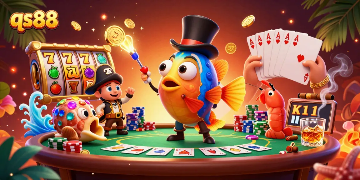 Experience thrilling gameplay and jackpots with qs88's vibrant fish characters in a lively casino scene.