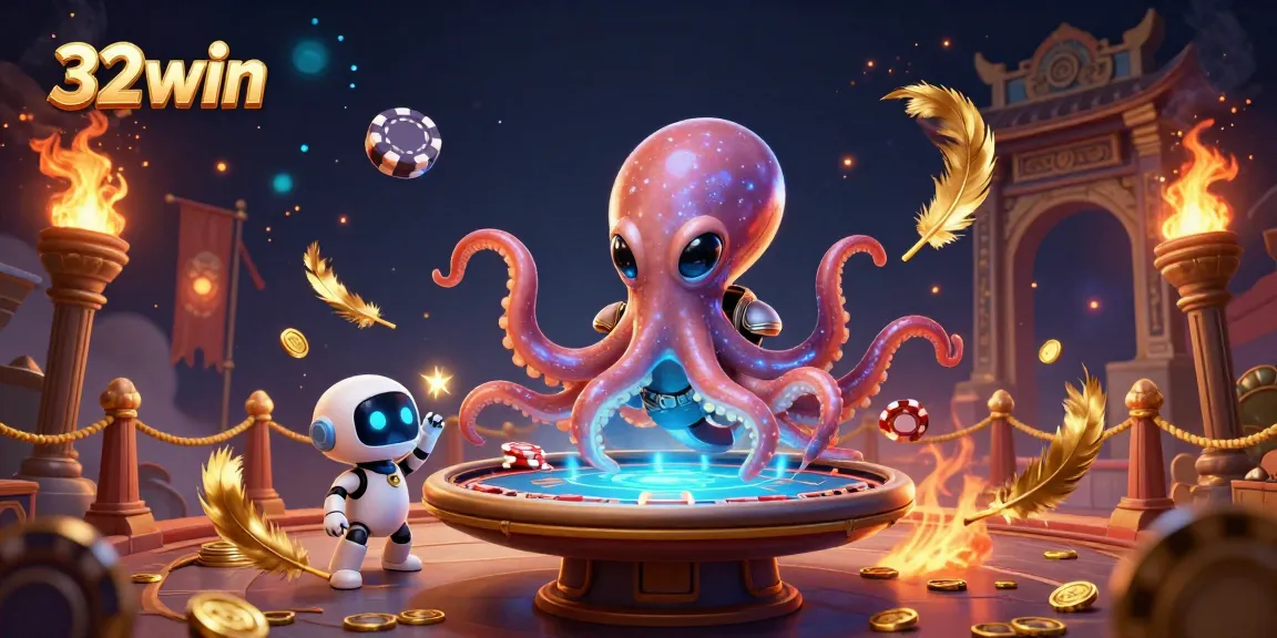 Experience gaming excitement with 32win's holographic poker challenges in a vibrant cosmic scene.