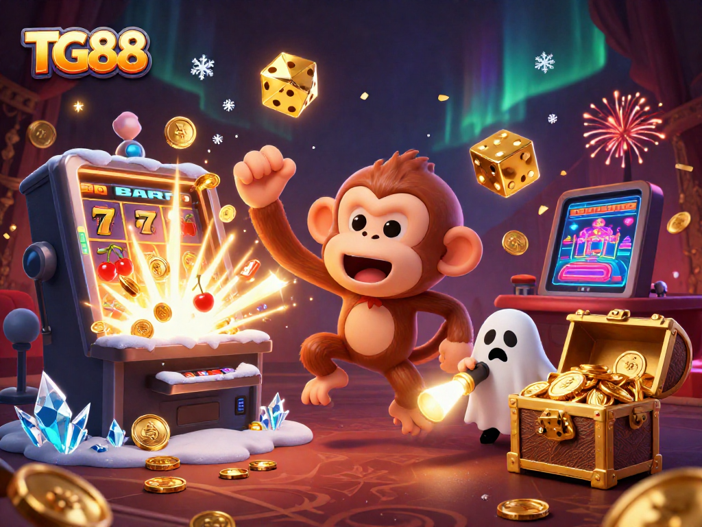 Join the fun at TG88 as the poltergeist monkey juggles casino treasures in an exciting online gaming scene.