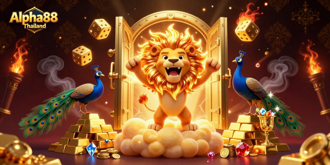 Experience rewards at Alpha88 Thailand with a dynamic casino scene featuring vibrant gold coins and roaring lion.