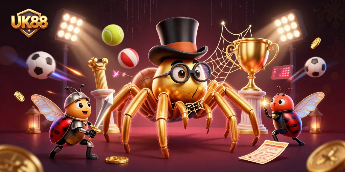 UK88 showcases a dynamic illustration of a golden tarantula and beetle knight among sports elements.