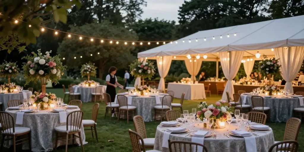 Event rentals setup featuring an elegant outdoor garden party with stylish linens and lighting.