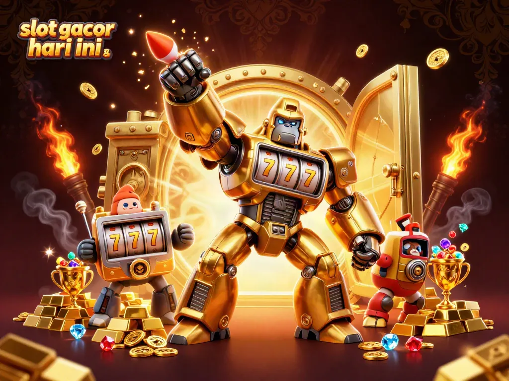 Experience the thrill of winning with slot gacor hari ini featuring a dynamic 3D scene with a golden gorilla mech and treasure.