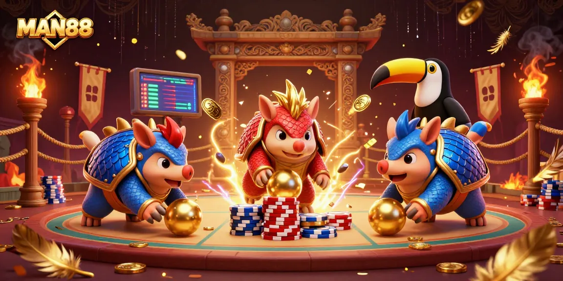 Watch MAN88's pangolins battle with golden balls against stacks of poker chips in an intense gaming scene.
