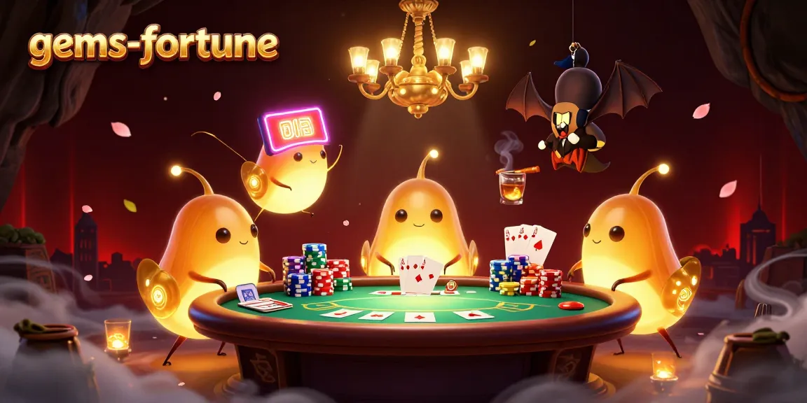 Join the gems-fortune action in a vibrant cave casino with glowing characters and poker excitement.
