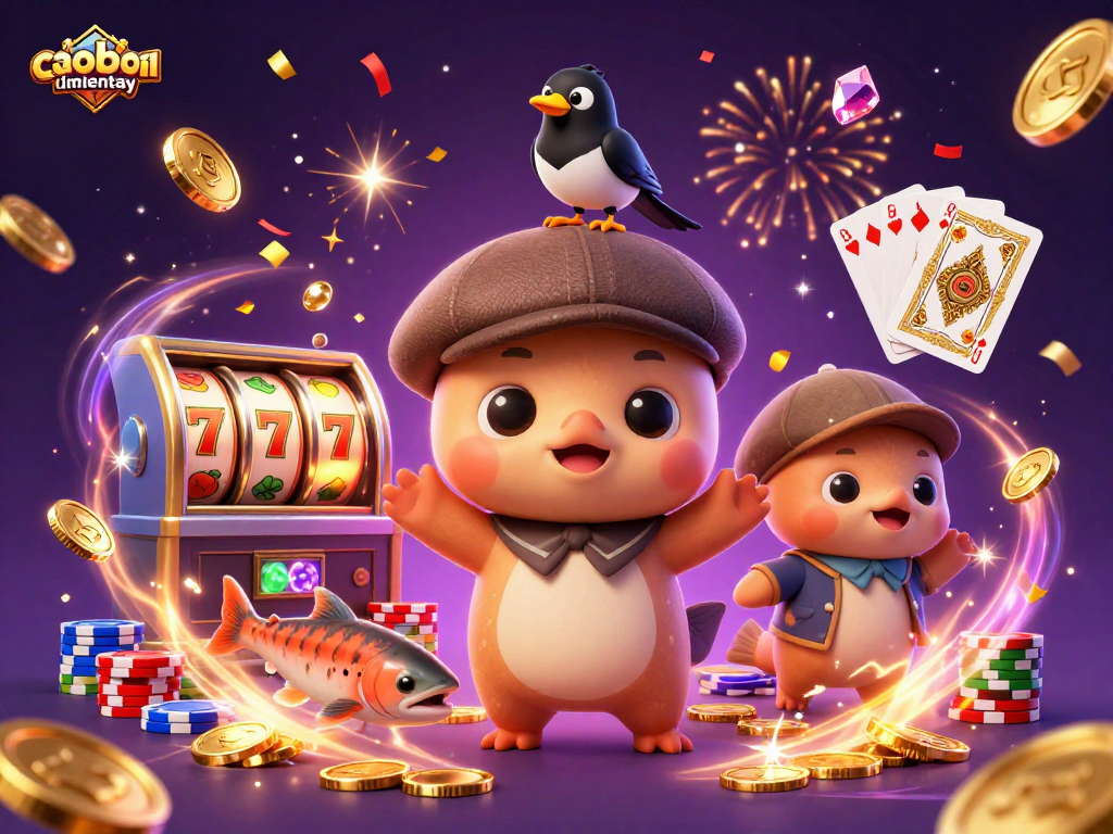 Cute 3D scene featuring caoboimientay with baby Nessie, gold coins, and sparkling gems, celebrating big wins.