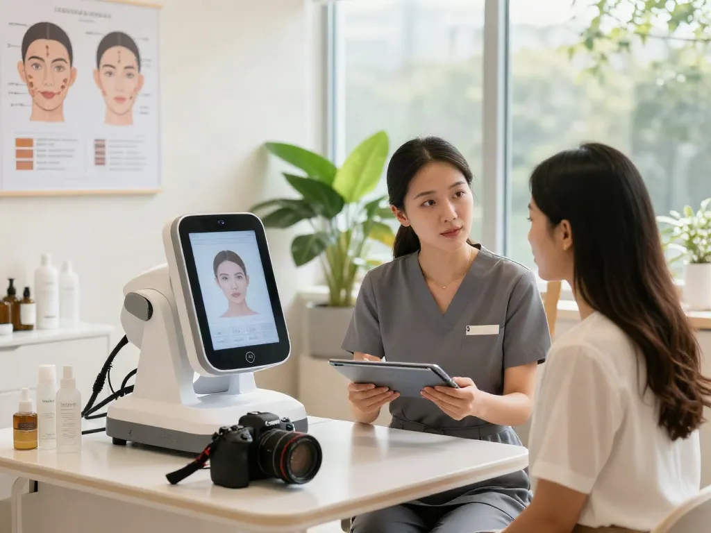 Beauty consultation showcasing alternatives to QOVES with personalized facial analysis.