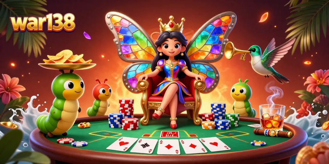 Experience thrilling moments at war138, featuring a vibrant 3D illustration of a butterfly queen on a poker table with colorful chips.
