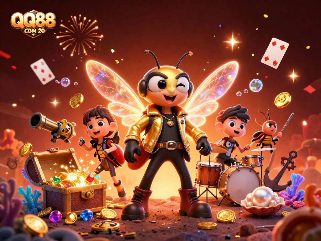 Experience QQ88 COM 20 with a vibrant 3D scene of a cicada rock star in a dazzling casino atmosphere.