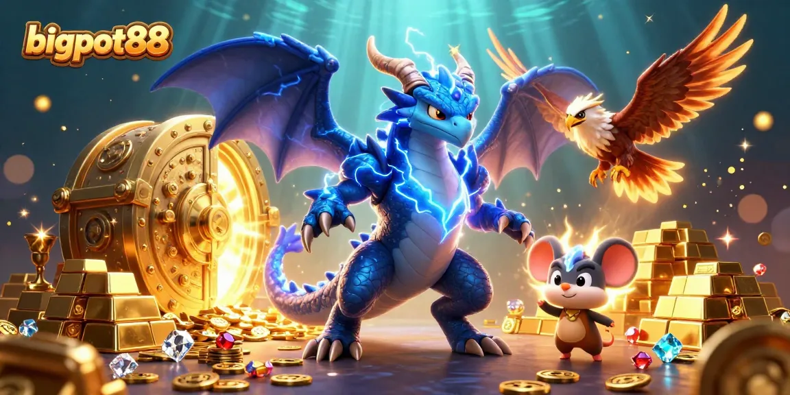 Experience the thrill of bigpot88 with vibrant visuals of dragon, hawk, and treasures.