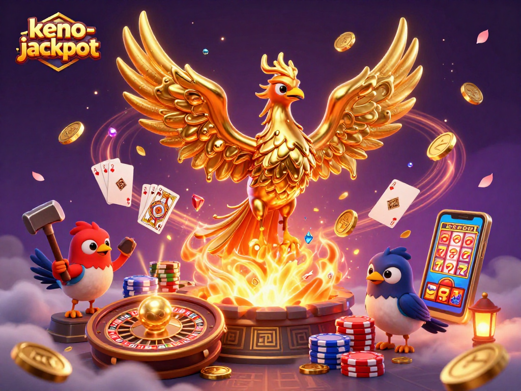 Experience thrilling keno-jackpot gameplay with a dynamic golden phoenix scene, showcasing casino excitement.