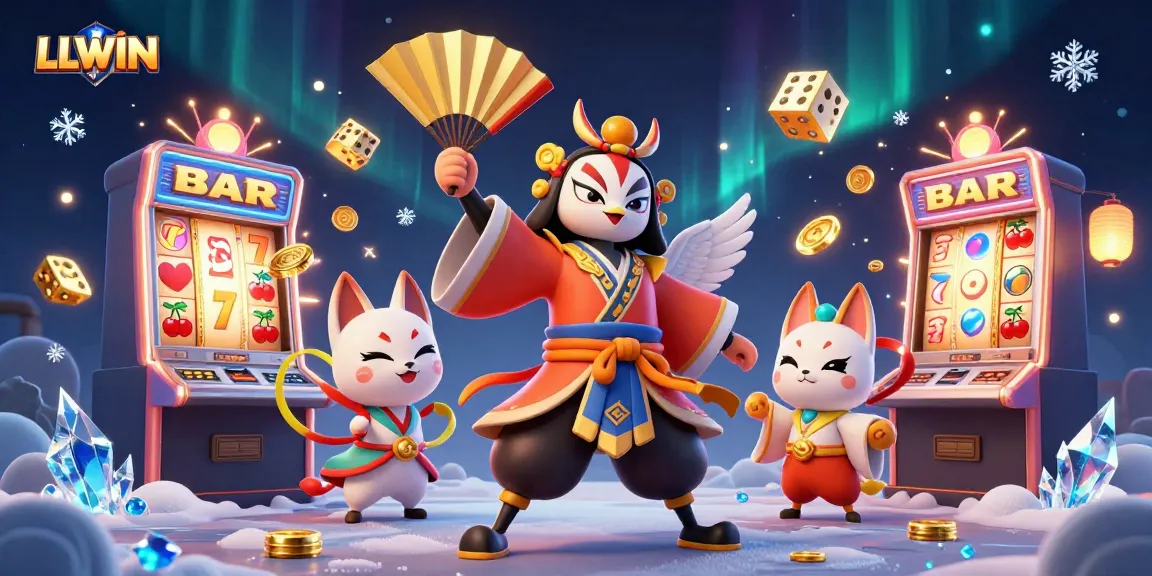 LLWIN offers a vibrant 3D carnival of gaming with slot machines, kabuki characters, and rich casino elements.