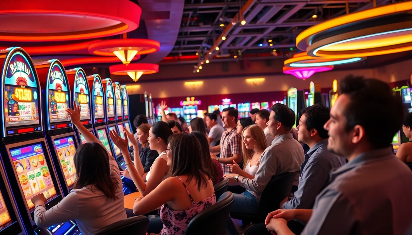 Engaged players enjoying slot gambling in a vibrant casino atmosphere with colorful machines.