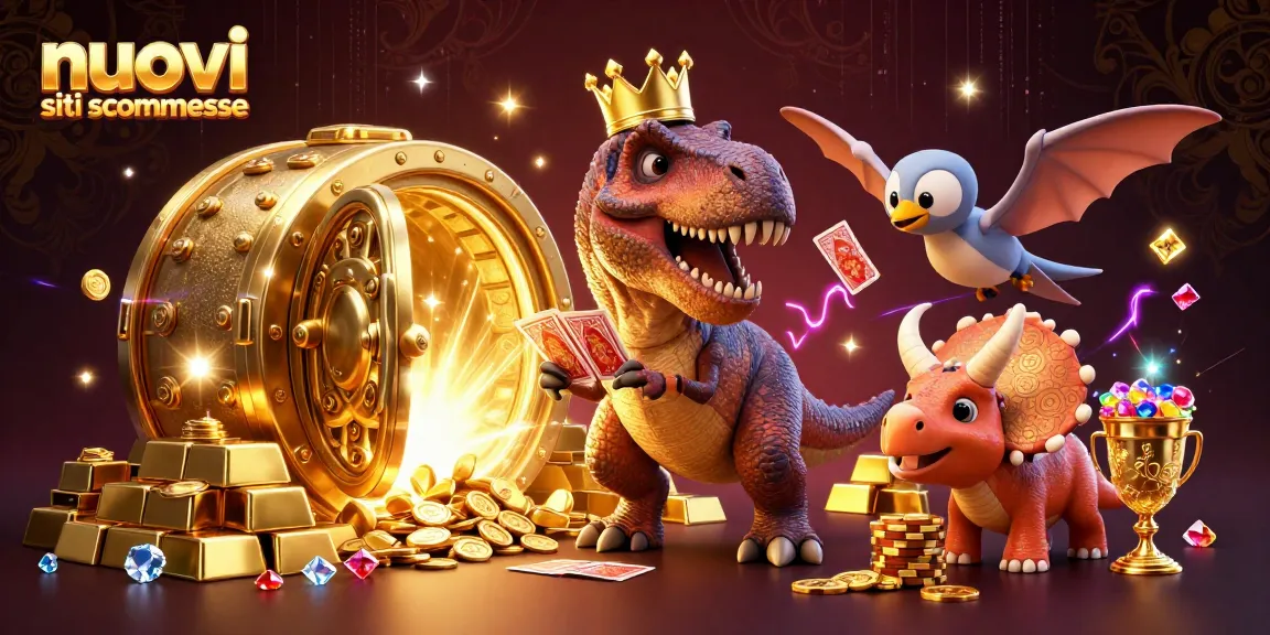 Gioco emozionante sui nuovi siti scommesse, con un T-Rex che mescola le carte e un triceratops che impila fiches d'oro.