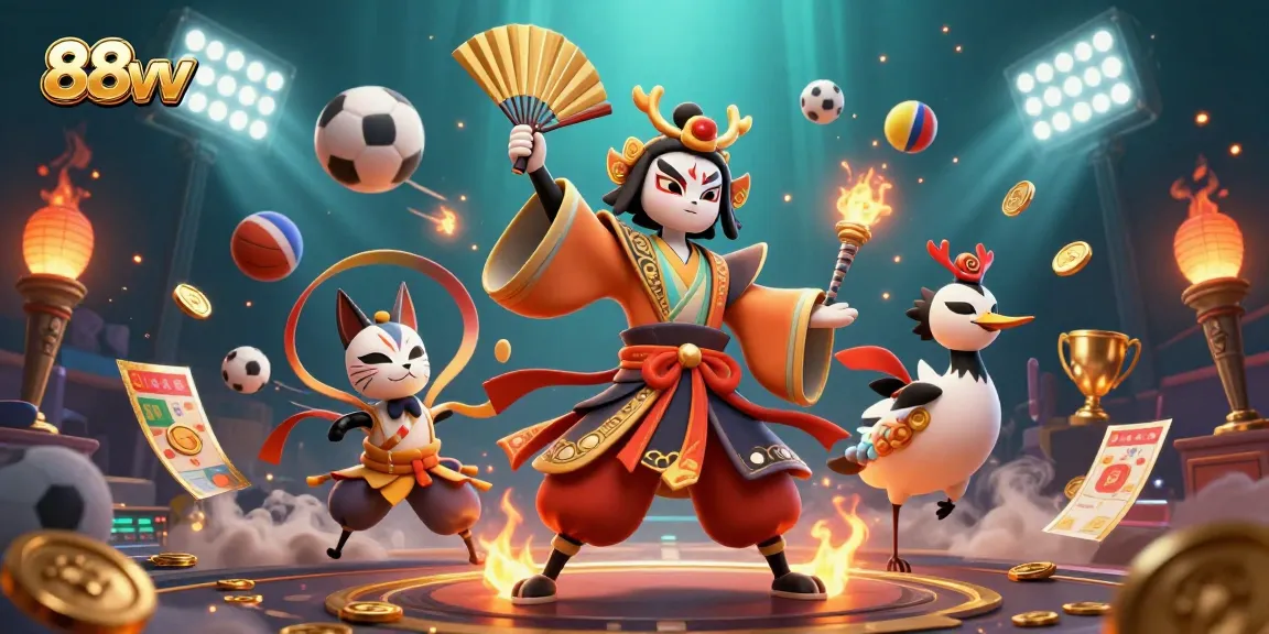 Bet on 88vv with a vibrant scene featuring a kabuki warrior surrounded by sports action.