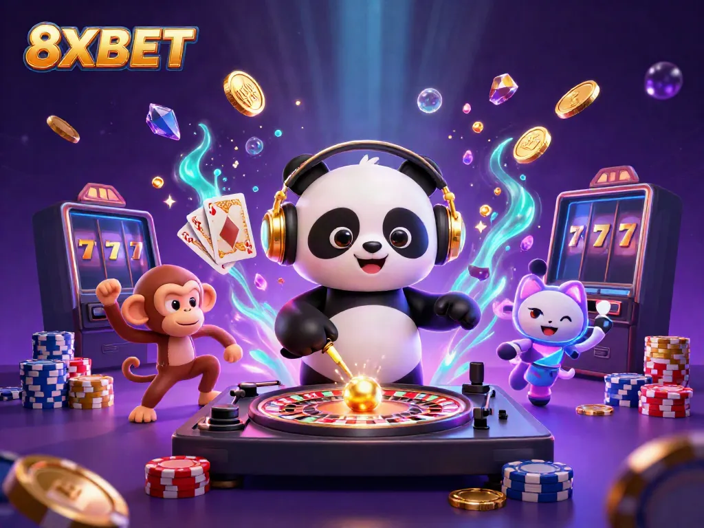 Experience the vibrant energy of 8XBET with a lively 3D panda DJ, breakdancing monkey, and rave kitten amid flying icons of chance.