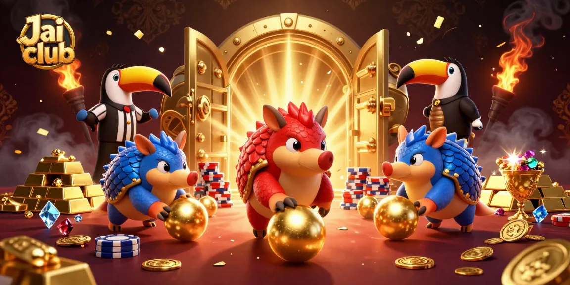Engage in thrilling gameplay at Jai club with rival pangolins battling over golden poker chips.