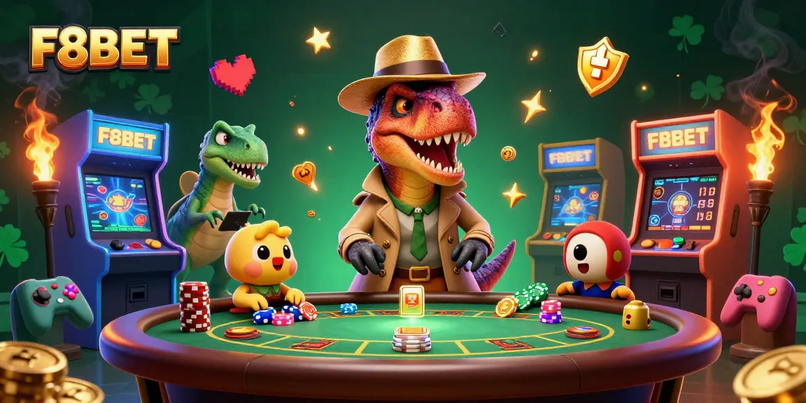 Experience the thrill of F8BET with cartoon velociraptor card counter and playful casino elements.