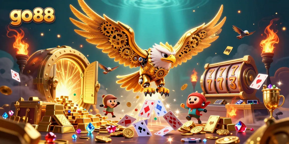 Experience the excitement of go 88 with a vibrant illustration of a golden eagle diving through casino elements.