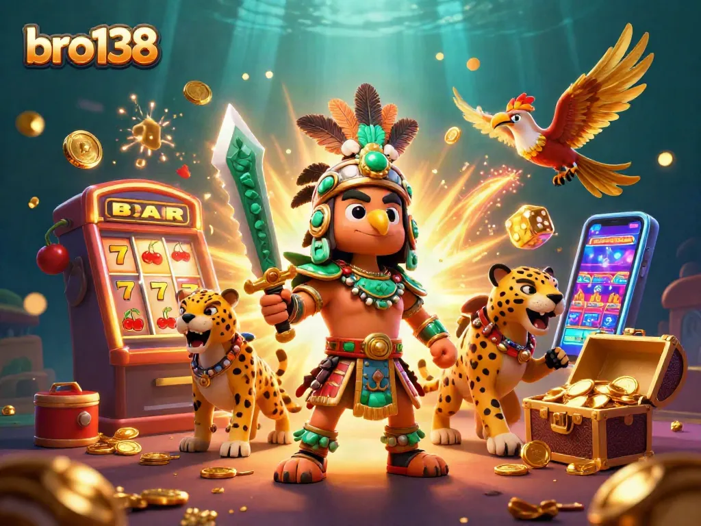 Spin to win at bro138 with Aztec warriors, slot machines, and vibrant casino elements!