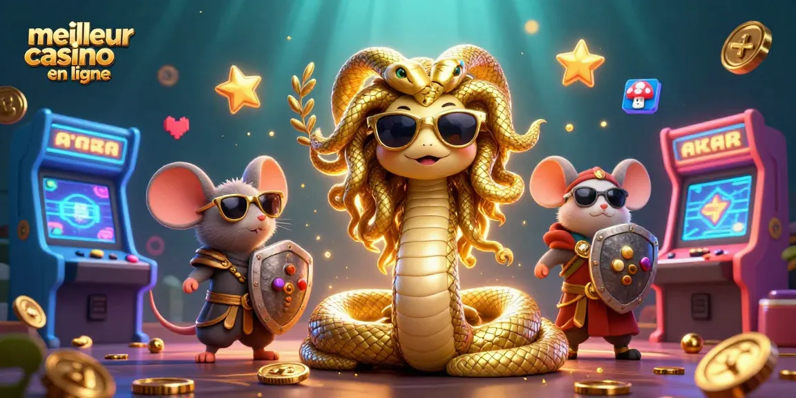 Jouez dans le meilleur casino en ligne avec Medusa et un guerrier souris entourés de jeux d'arcade lumineux.