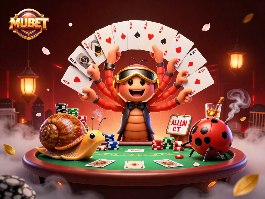 MUBET showcases a vibrant casino atmosphere with a millipede dealer, high rollers, and dynamic gambling elements.