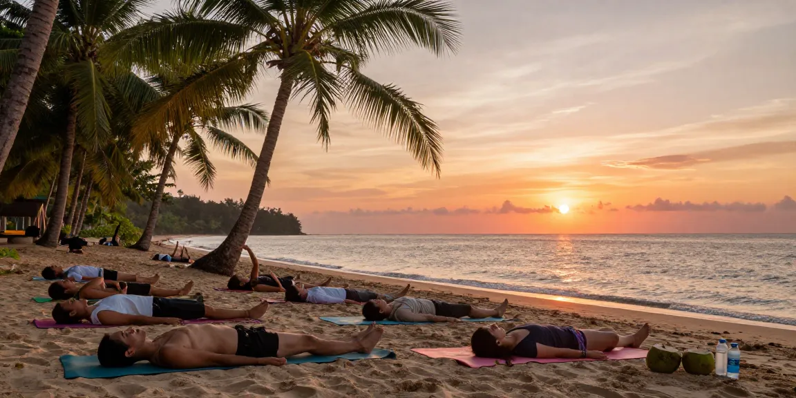 Participants enjoying a wellness retreat practicing yoga on a tropical beach during sunset.