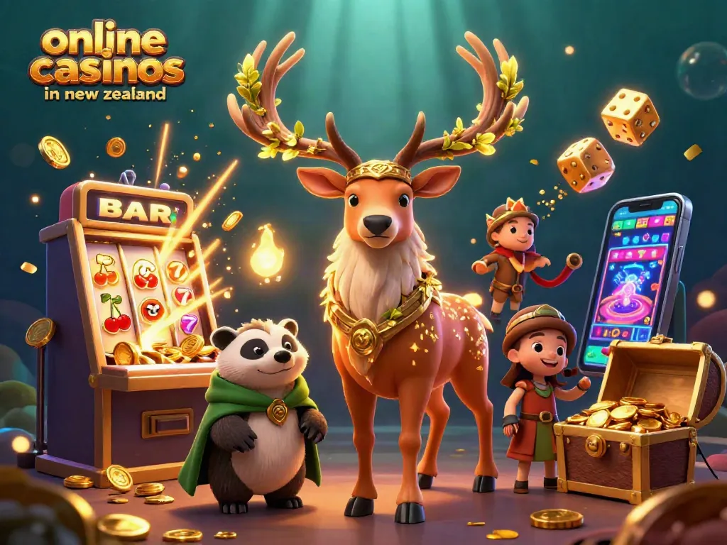 Experience the thrill of online casinos in New Zealand with vibrant characters and dynamic gambling elements.