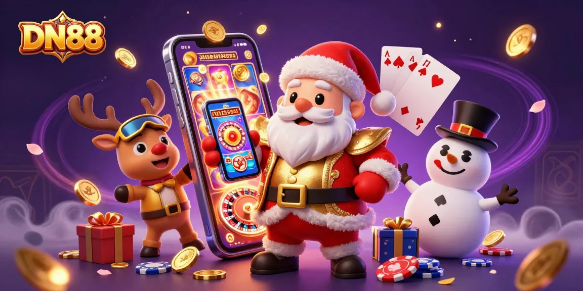 Experience the thrill of DN88 casino with Santa and friends showcasing jackpot excitement in a dynamic illustration.