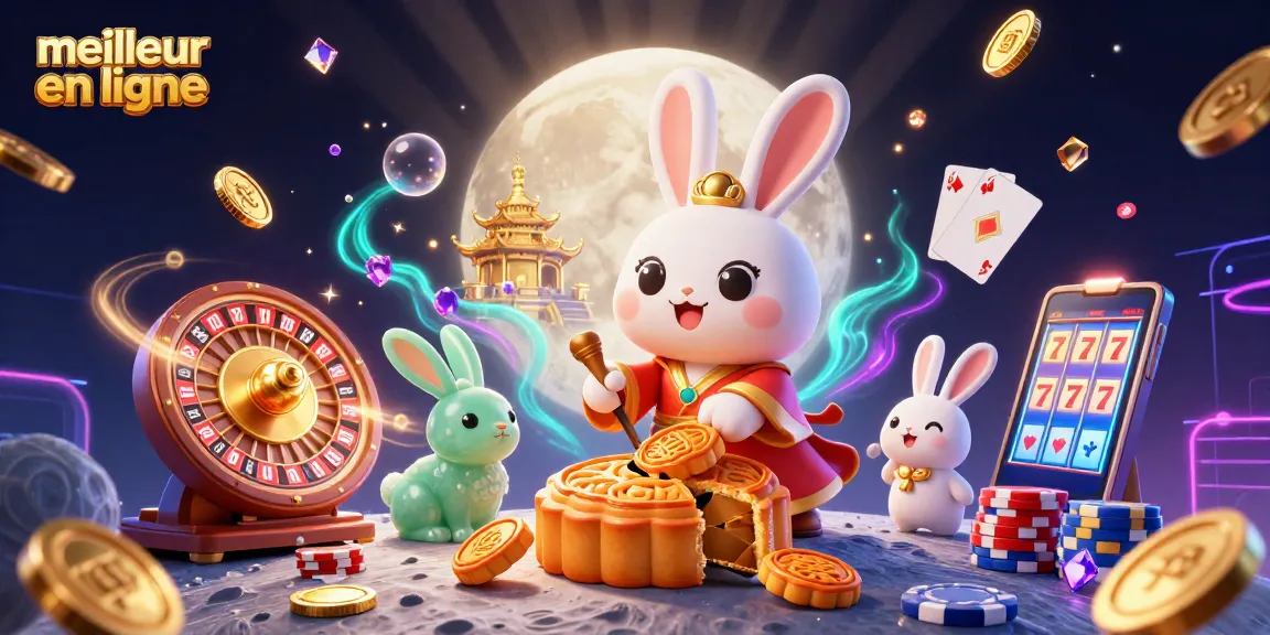 Jouer au meilleur casino en ligne avec le lapin de lune, des jetons de poker et des gains scintillants.