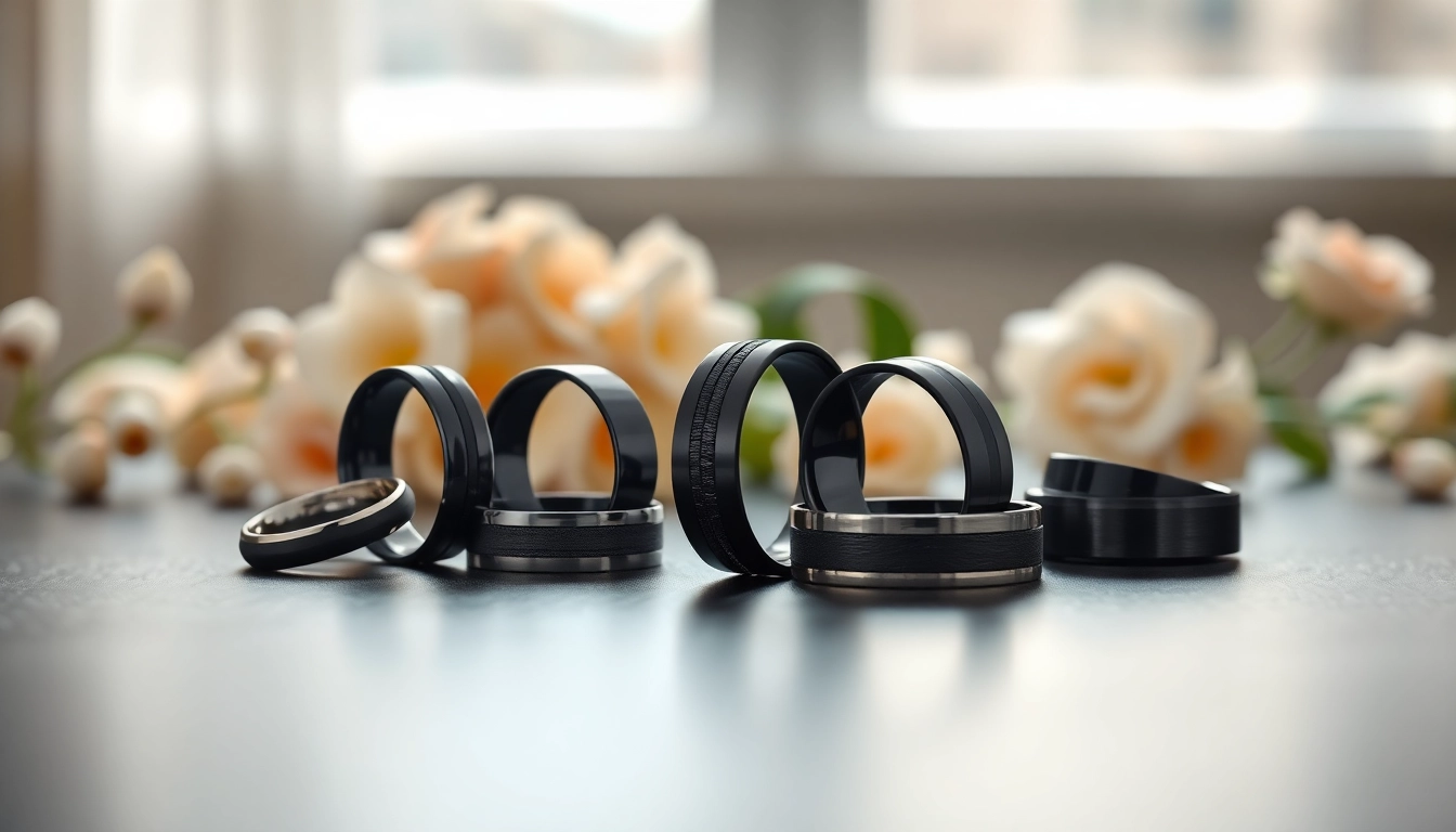 Showcase of elegant black wedding rings for men with distinct designs and textures.
