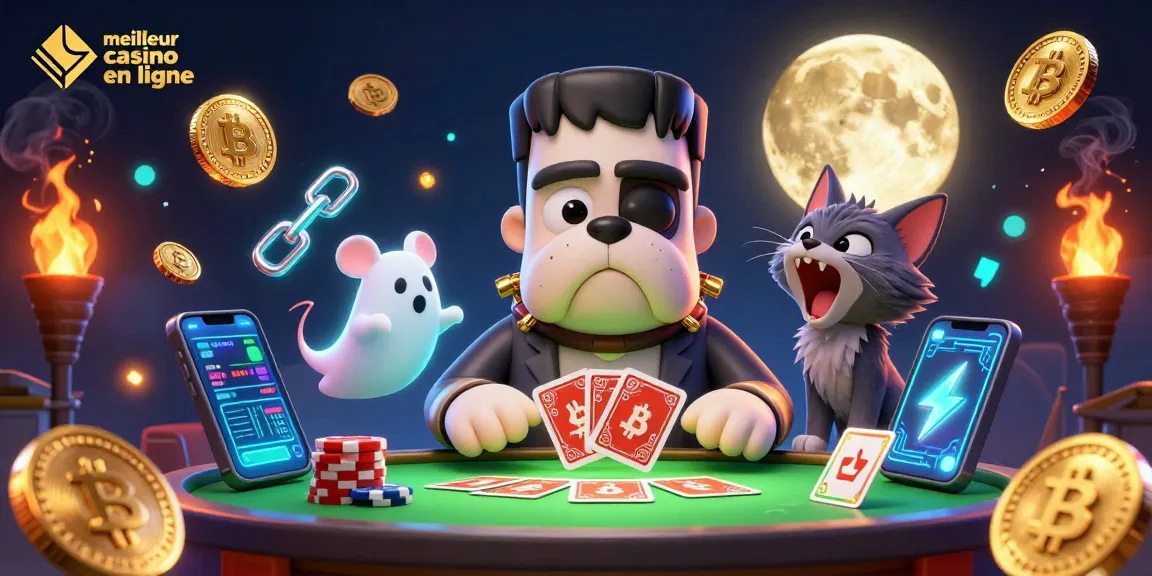 Jouer au meilleur casino en ligne avec le bulldog Frankenstein et des pièces crypto flottantes.