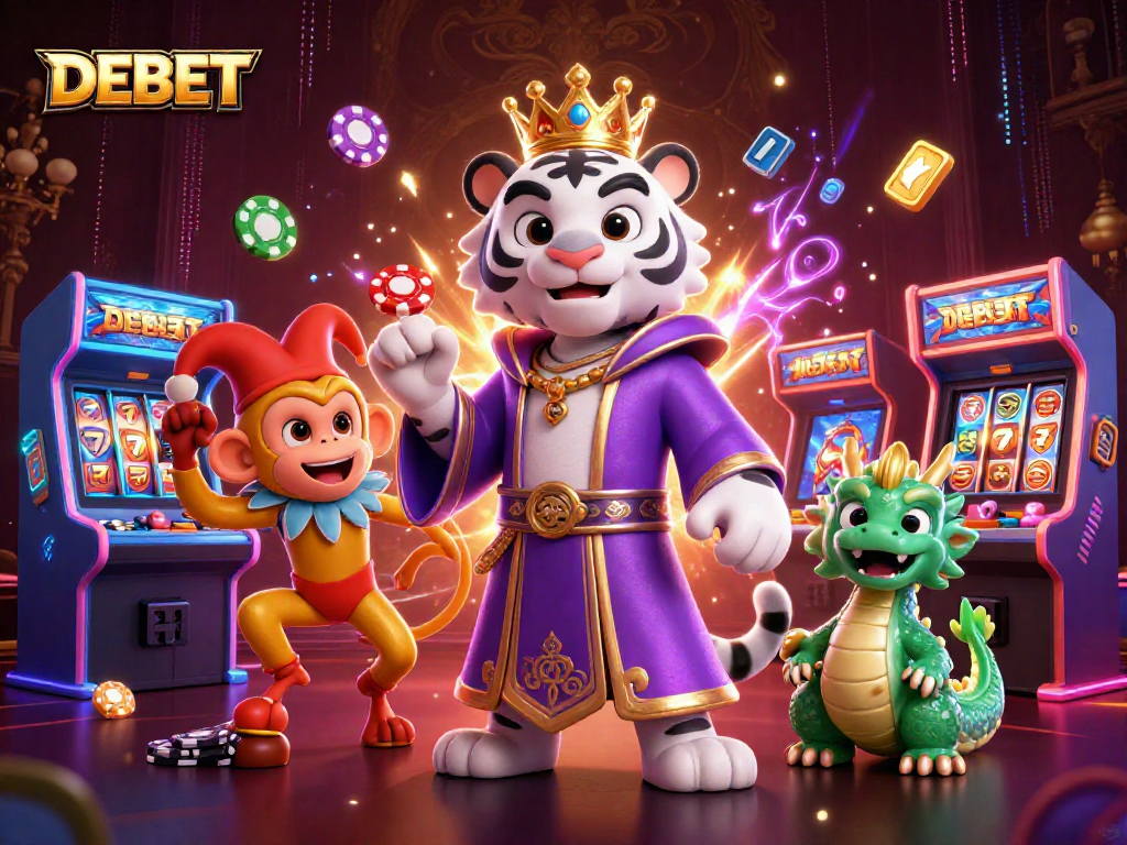 Experience the thrilling casino action with DEBET as a cartoon white tiger, golden monkey, and jade dragon come alive.